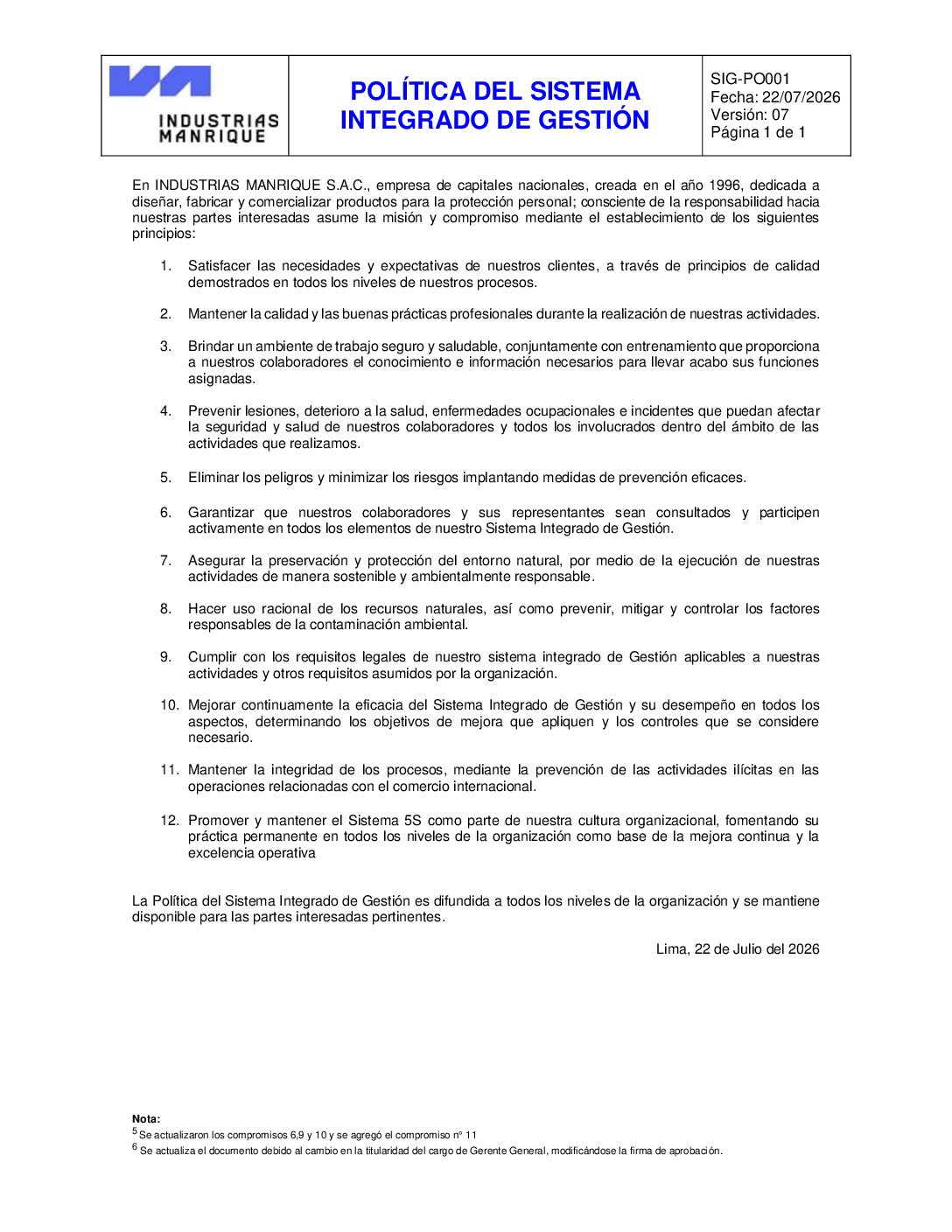 SIG-PO001 Politica SIG V5 22.07.26 v7 - 5S - Español